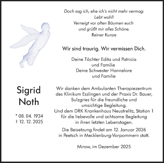 Traueranzeige von Sigrid Noth von Eßlinger Zeitung
