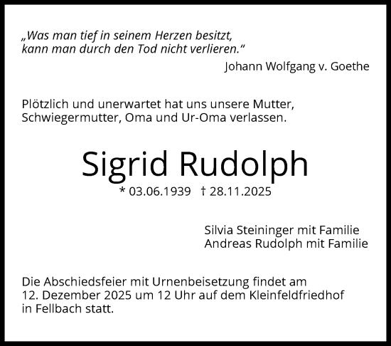 Traueranzeige von Sigrid Rudolph von Stuttgarter Zeitung / Stuttgarter Nachrichten