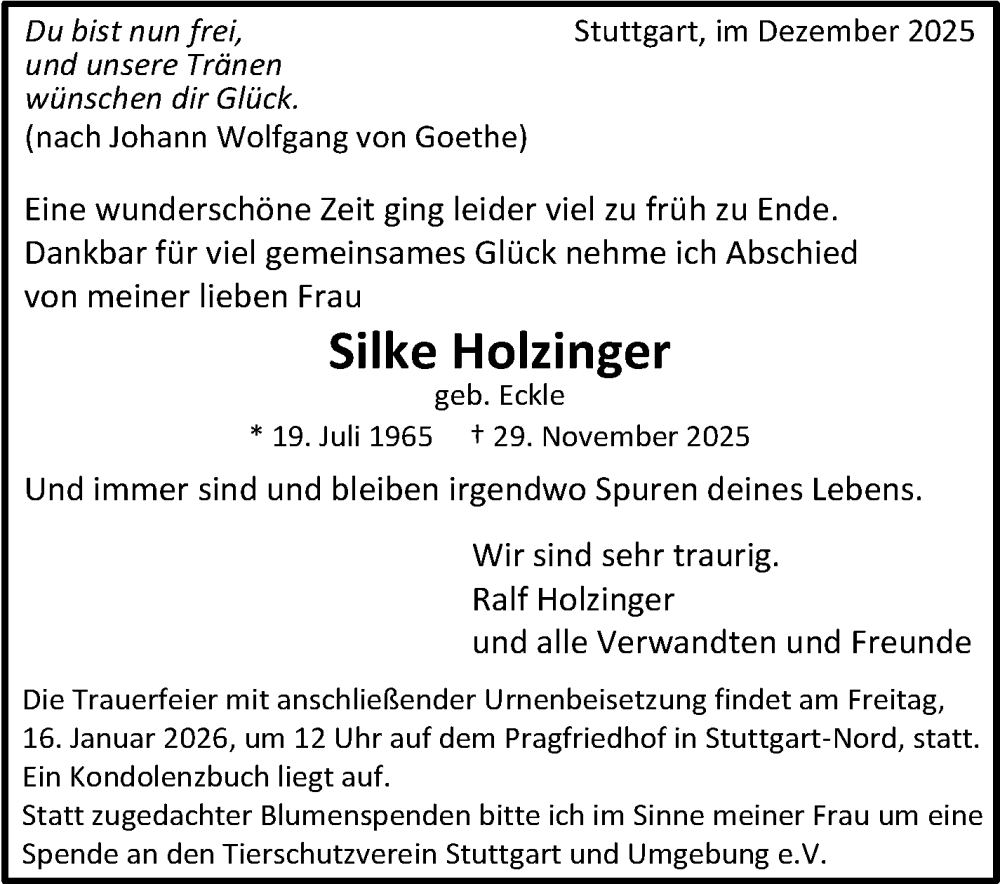  Traueranzeige für Silke Holzinger vom 27.12.2025 aus Stuttgarter Zeitung / Stuttgarter Nachrichten