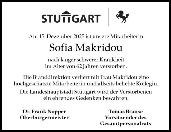 Traueranzeige von Sofia Makridou von Stuttgarter Zeitung / Stuttgarter Nachrichten
