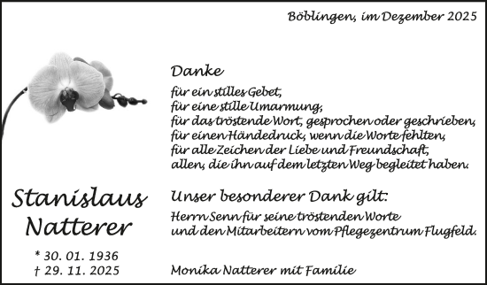 Traueranzeige von Stanislaus Natterer von Kreiszeitung Böblinger Bote