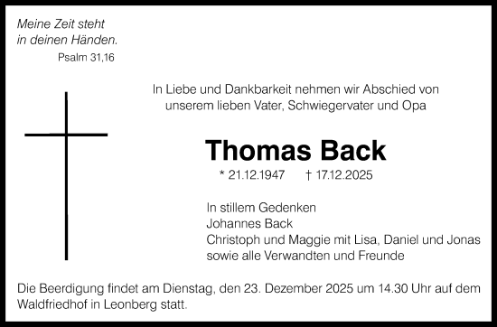 Traueranzeige von Thomas Back von Leonberger Kreiszeitung / Strohgäu Extra