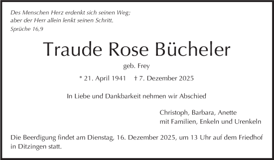 Traueranzeige von Traude Rose Bücheler von Stuttgarter Zeitung / Stuttgarter Nachrichten