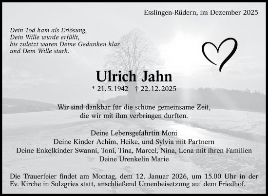 Traueranzeige von Ulrich Jahn von Eßlinger Zeitung