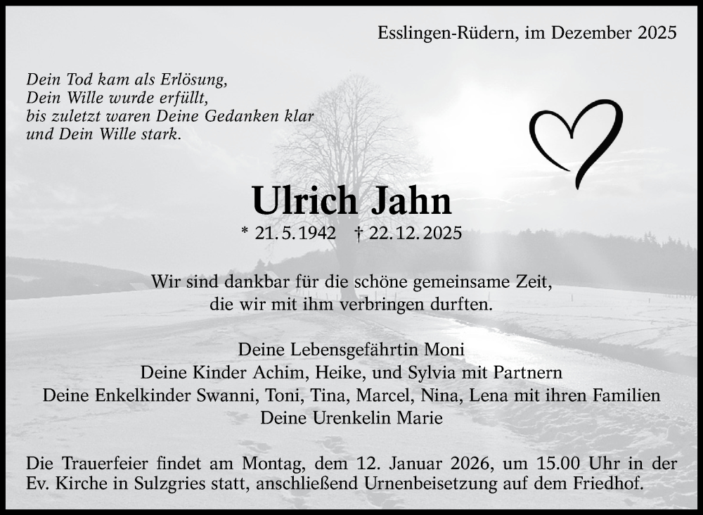  Traueranzeige für Ulrich Jahn vom 31.12.2025 aus Eßlinger Zeitung