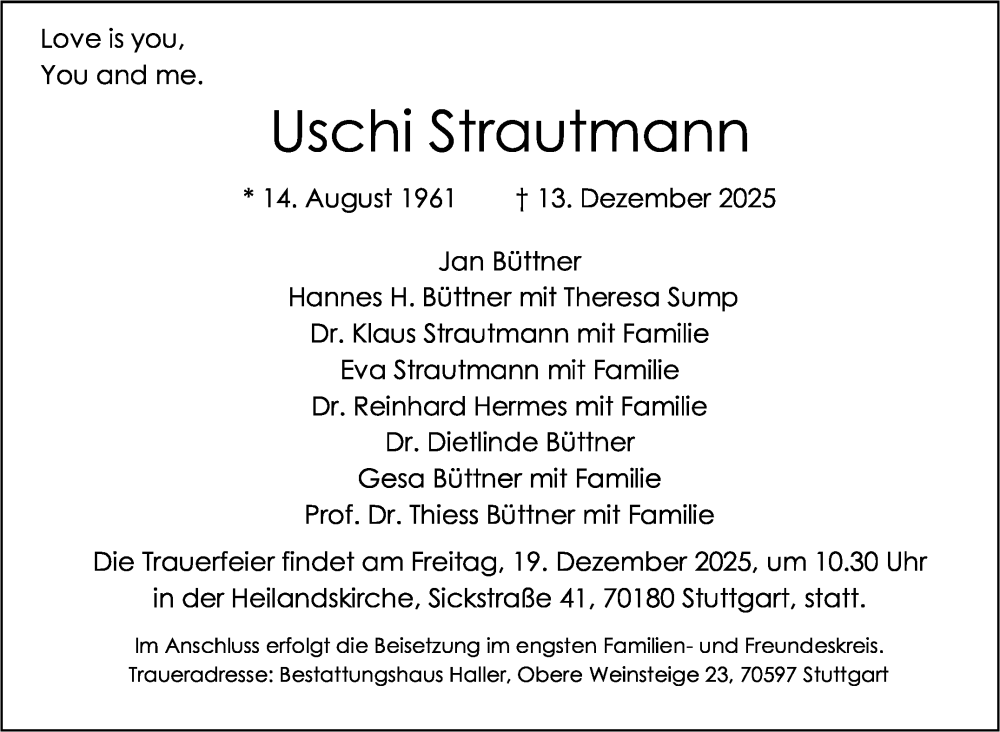  Traueranzeige für Uschi Strautmann vom 17.12.2025 aus Stuttgarter Zeitung / Stuttgarter Nachrichten