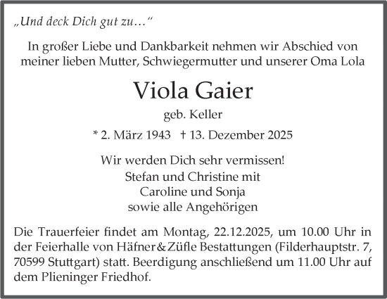 Traueranzeige von Viola Gaier von Stuttgarter Zeitung / Stuttgarter Nachrichten