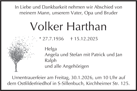 Traueranzeige von Volker Harthan von Stuttgarter Zeitung / Stuttgarter Nachrichten