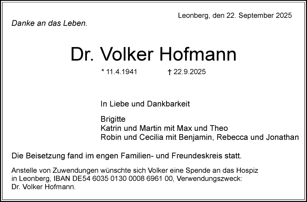  Traueranzeige für Volker Hofmann vom 10.10.2025 aus Leonberger Kreiszeitung / Strohgäu Extra