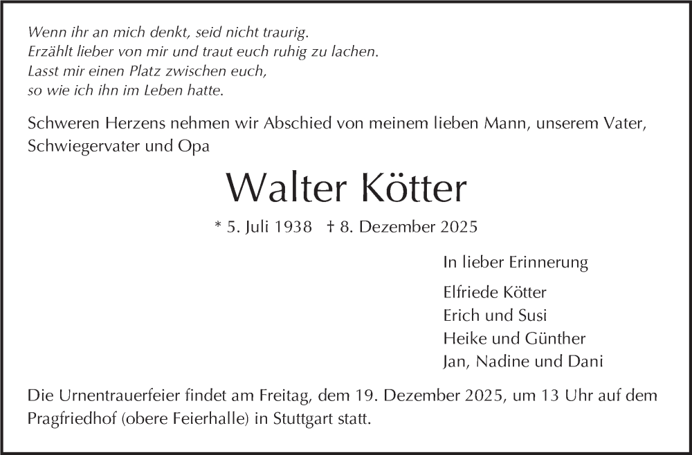  Traueranzeige für Walter Kötter vom 13.12.2025 aus Stuttgarter Zeitung / Stuttgarter Nachrichten