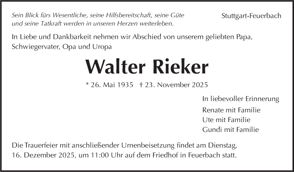  Traueranzeige für Walter Rieker vom 13.12.2025 aus Stuttgarter Zeitung / Stuttgarter Nachrichten