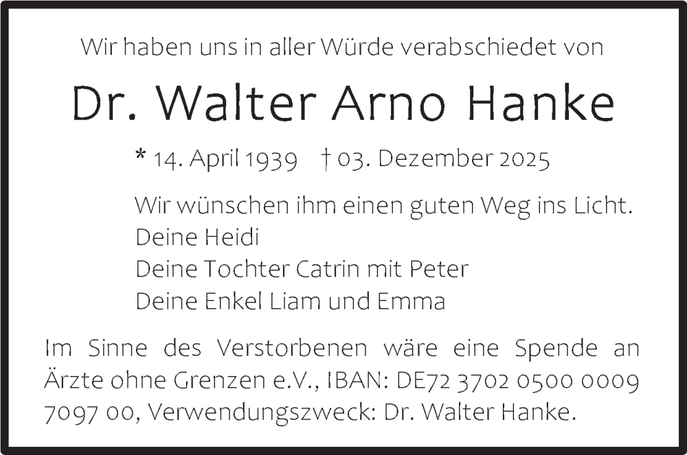  Traueranzeige für Walter Arno Hanke vom 29.12.2025 aus Stuttgarter Zeitung / Stuttgarter Nachrichten
