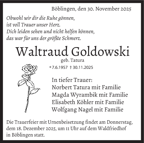 Traueranzeige von Waltraud Goldowski von Kreiszeitung Böblinger Bote