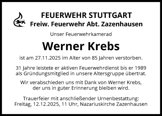 Traueranzeige von Werner Krebs von Stuttgarter Zeitung / Stuttgarter Nachrichten