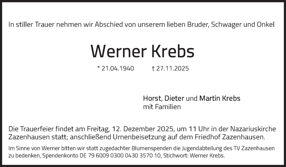  Traueranzeige für Werner Krebs vom 06.12.2025 aus Stuttgarter Zeitung / Stuttgarter Nachrichten