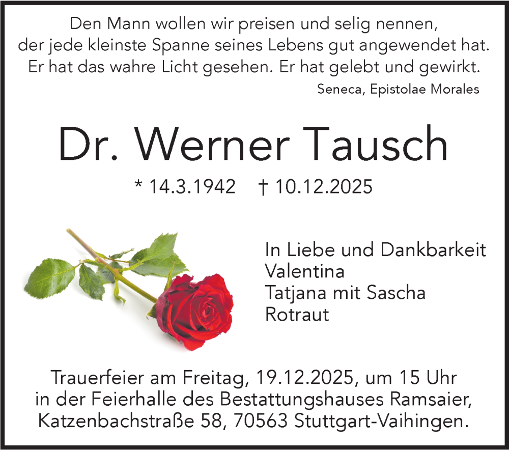  Traueranzeige für Werner Tausch vom 16.12.2025 aus Stuttgarter Zeitung / Stuttgarter Nachrichten