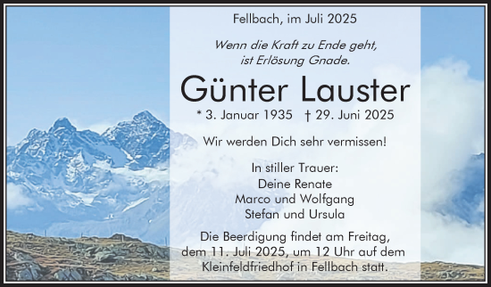 Traueranzeige von Günter Lauster von Stuttgarter Zeitung / Stuttgarter Nachrichten