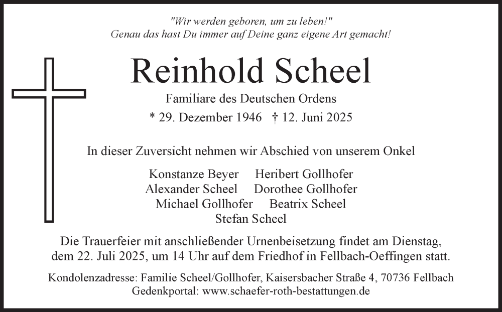  Traueranzeige für Reinhold Scheel vom 04.07.2025 aus Stuttgarter Zeitung / Stuttgarter Nachrichten