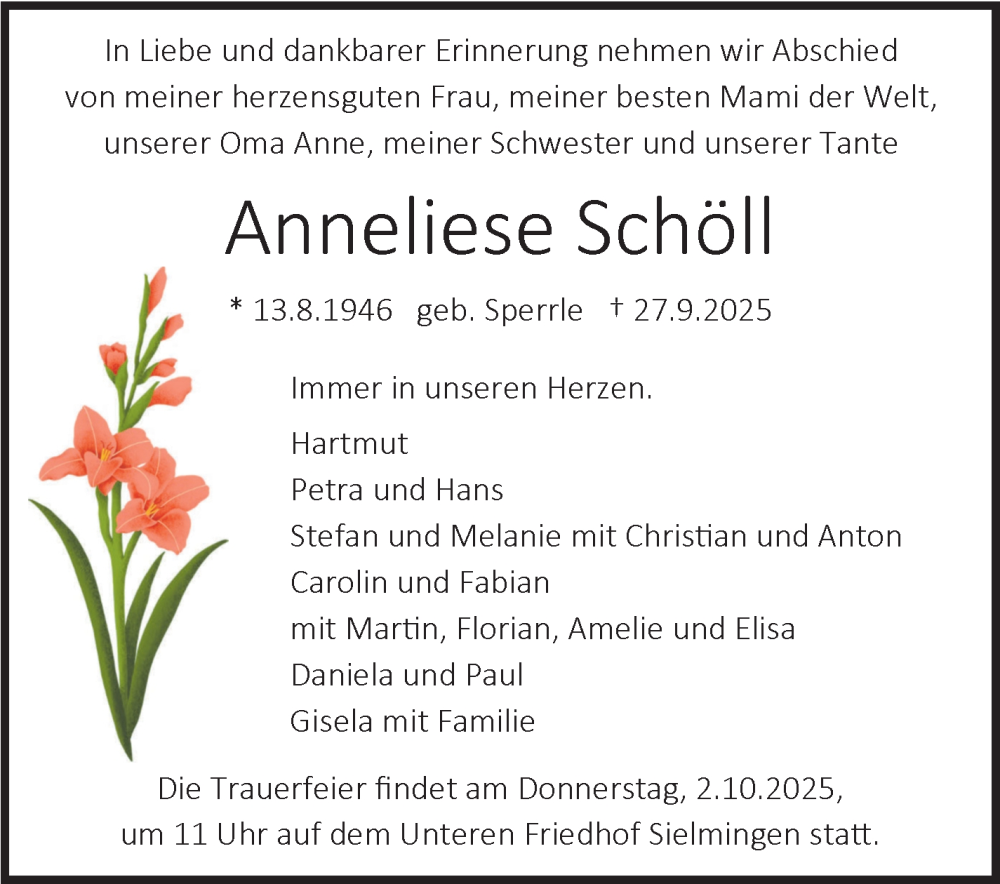  Traueranzeige für Anneliese Schöll vom 01.10.2025 aus Stuttgarter Zeitung / Stuttgarter Nachrichten
