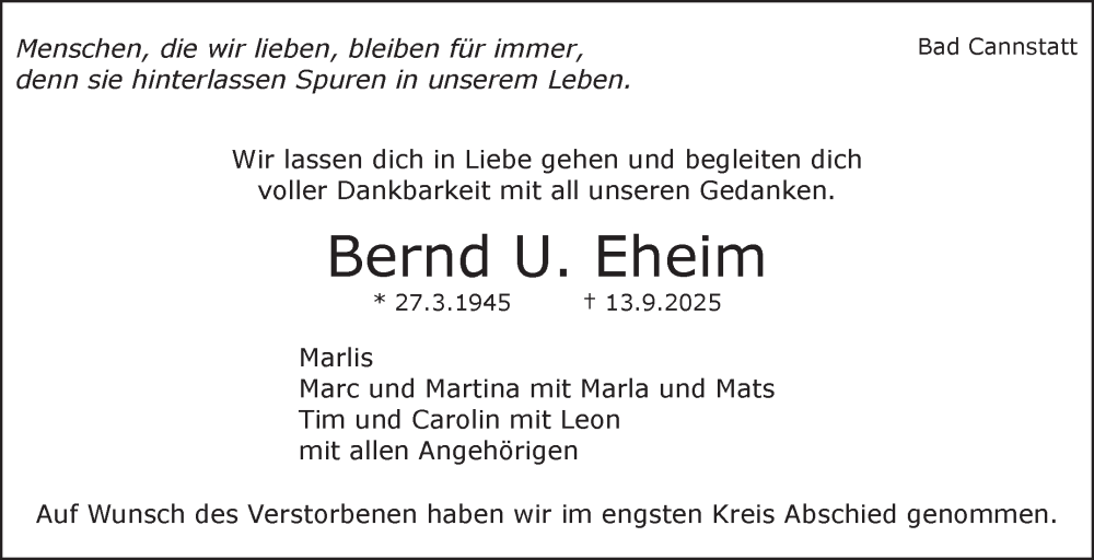  Traueranzeige für Bernd U. Eheim vom 01.10.2025 aus Stuttgarter Zeitung / Stuttgarter Nachrichten