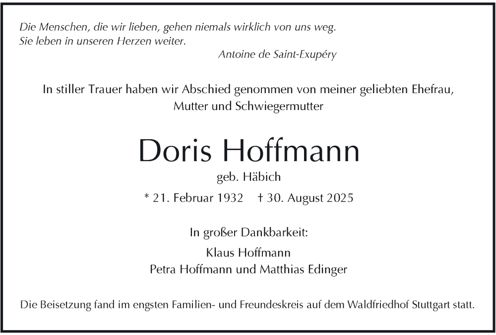  Traueranzeige für Doris Hoffmann vom 20.09.2025 aus Stuttgarter Zeitung / Stuttgarter Nachrichten