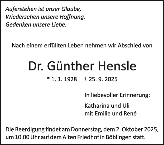 Traueranzeige von Günther Hensle von Kreiszeitung Böblinger Bote
