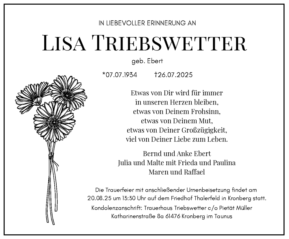  Traueranzeige für Lisa Triebswetter vom 14.08.2025 aus Marbacher Zeitung