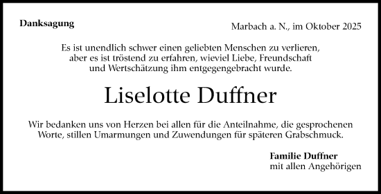 Traueranzeige von Liselotte Duffner von Marbacher Zeitung