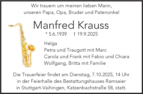 Traueranzeige von Manfred Krauss von Stuttgarter Zeitung / Stuttgarter Nachrichten