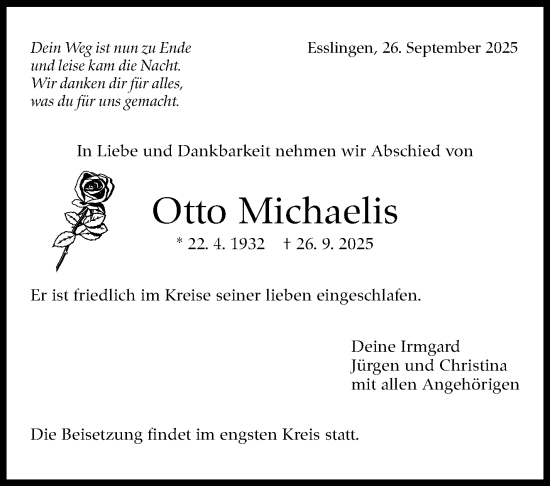 Traueranzeige von Otto Michaelis von Eßlinger Zeitung