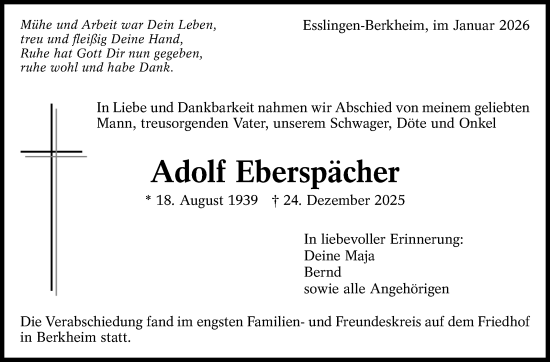 Traueranzeige von Adolf Eberspächer von Eßlinger Zeitung