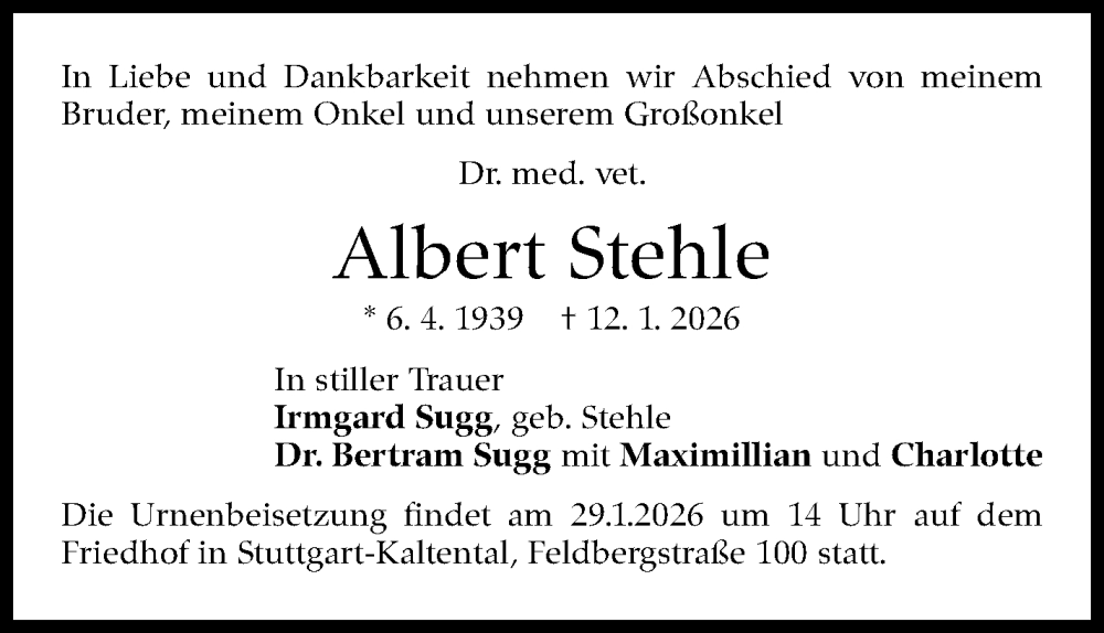  Traueranzeige für Albert Stehle vom 17.01.2026 aus Stuttgarter Zeitung / Stuttgarter Nachrichten