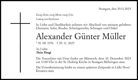 Traueranzeige von Alexander Günter Müller von Stuttgarter Zeitung / Stuttgarter Nachrichten