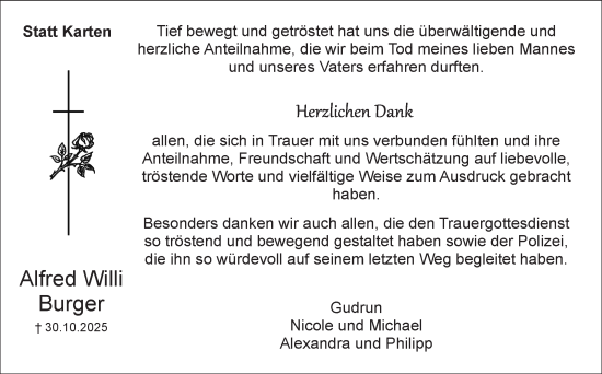 Traueranzeige von Alfred Willi Burger von Leonberger Kreiszeitung / Strohgäu Extra