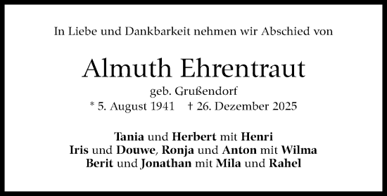 Traueranzeige von Almuth Ehrentraut von Stuttgarter Zeitung / Stuttgarter Nachrichten