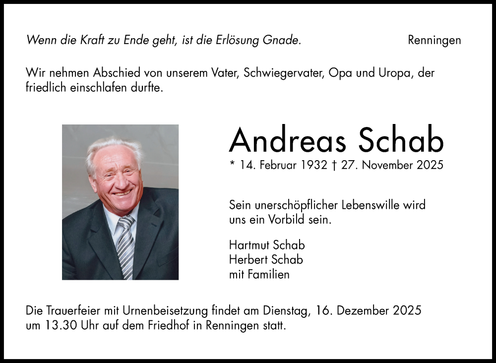  Traueranzeige für Andreas Schab vom 04.12.2025 aus Leonberger Kreiszeitung / Strohgäu Extra