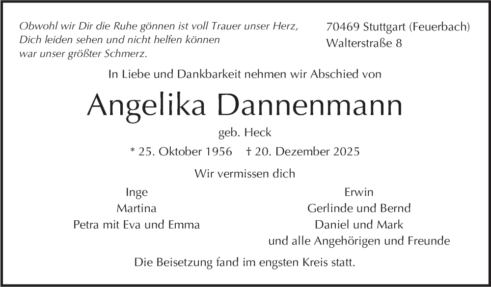  Traueranzeige für Angelika Dannenmann vom 17.01.2026 aus Stuttgarter Zeitung / Stuttgarter Nachrichten