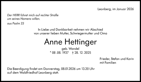 Traueranzeige von Anne Hettinger von Leonberger Kreiszeitung / Strohgäu Extra