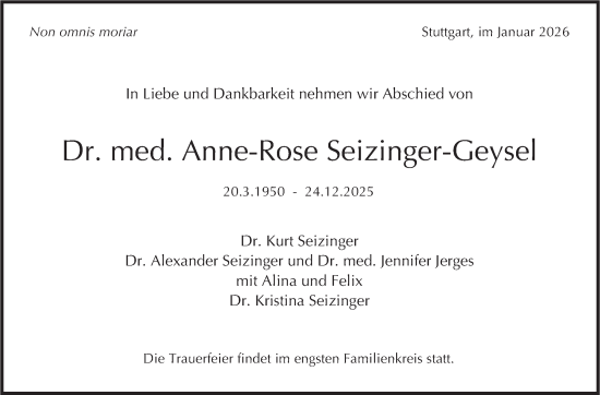 Traueranzeige von Anne-Rose Seizinger-Geysel von Stuttgarter Zeitung / Stuttgarter Nachrichten