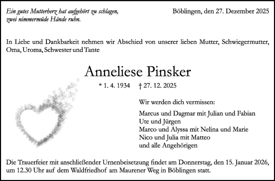 Traueranzeige von Anneliese Pinsker von Kreiszeitung Böblinger Bote