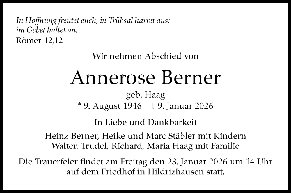  Traueranzeige für Annerose Berner vom 20.01.2026 aus Kreiszeitung Böblinger Bote