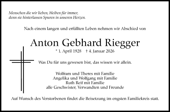 Traueranzeige von Anton Gebhard Riegger von Stuttgarter Zeitung / Stuttgarter Nachrichten