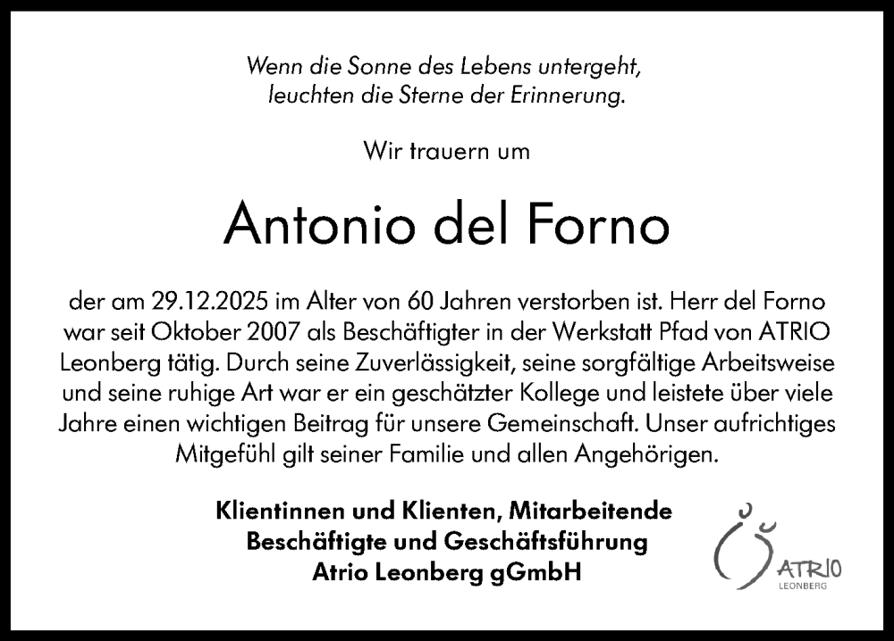  Traueranzeige für Antonio del Forno vom 31.01.2026 aus Leonberger Kreiszeitung / Strohgäu Extra