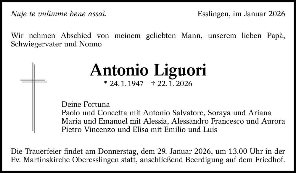  Traueranzeige für Antonio Liguori vom 27.01.2026 aus Eßlinger Zeitung