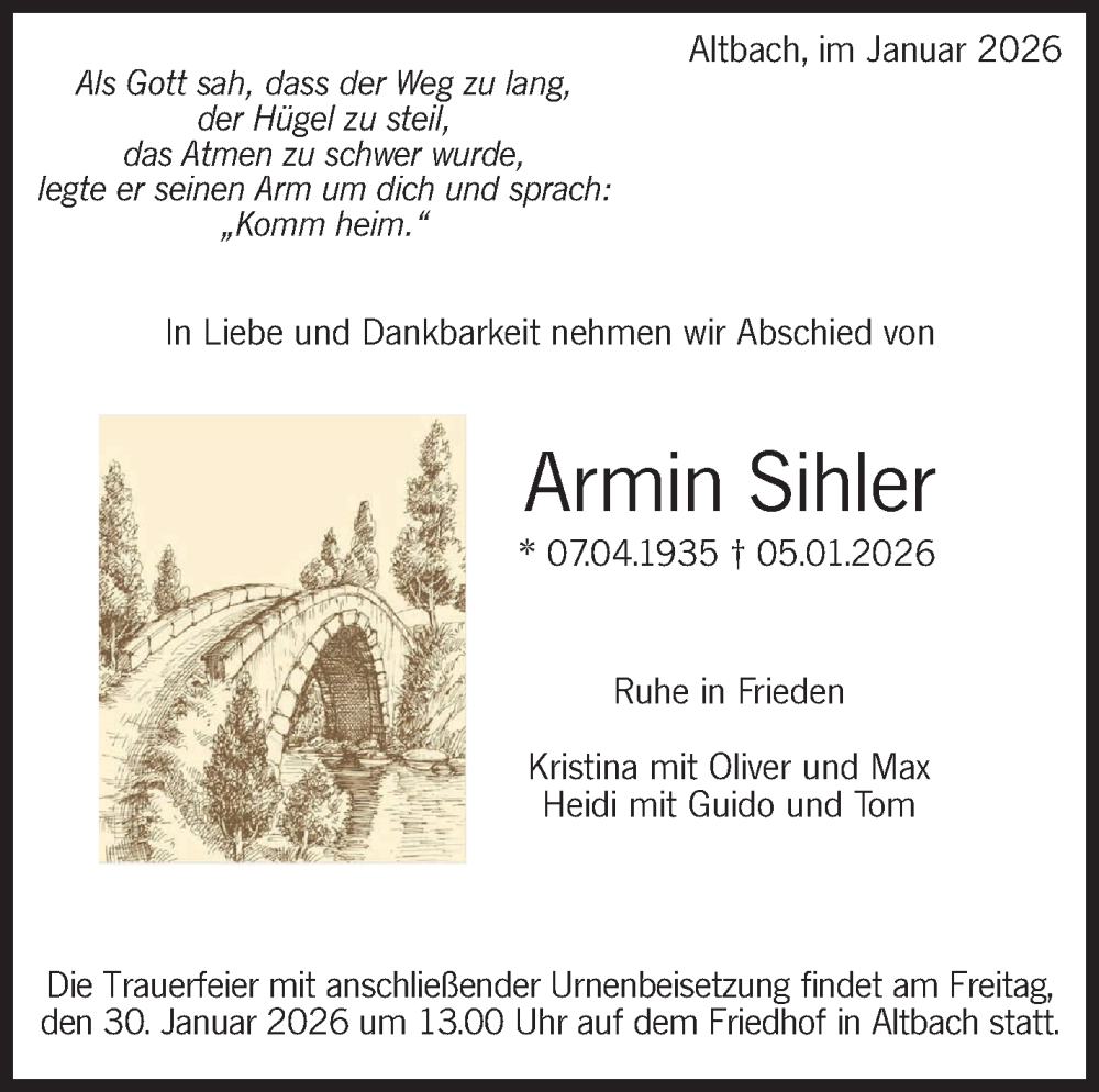  Traueranzeige für Armin Sihler vom 17.01.2026 aus Eßlinger Zeitung