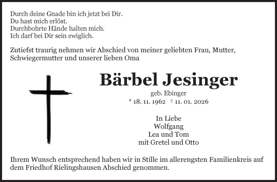 Traueranzeige von Bärbel Jesinger von Marbacher Zeitung