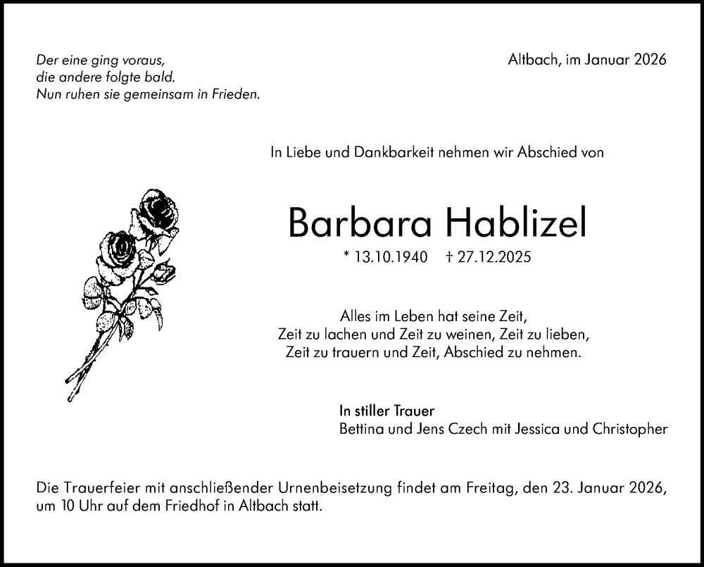  Traueranzeige für Barbara Hablizel vom 17.01.2026 aus Eßlinger Zeitung
