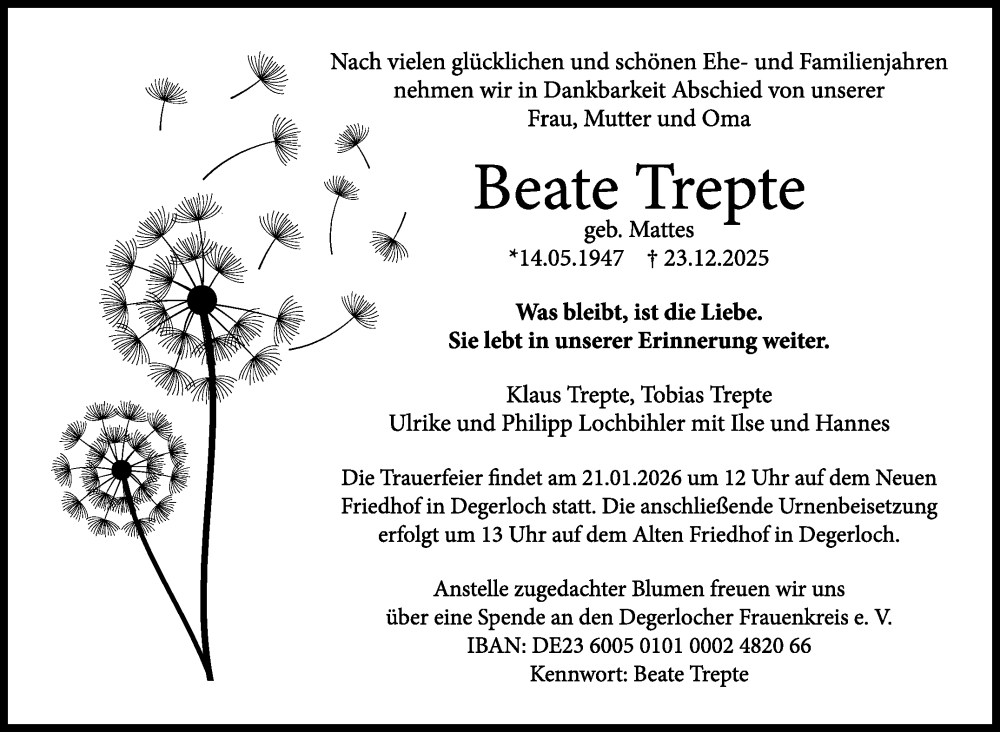  Traueranzeige für Beate Trepte vom 09.01.2026 aus Stuttgarter Zeitung / Stuttgarter Nachrichten
