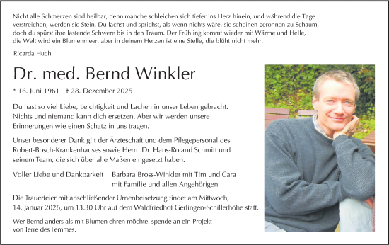 Traueranzeige von Bernd Winkler von Stuttgarter Zeitung / Stuttgarter Nachrichten