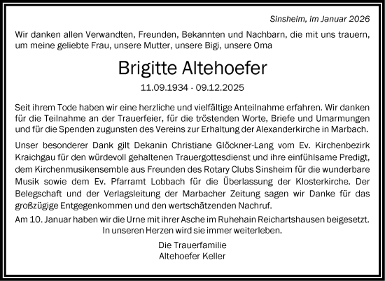 Traueranzeige von Brigitte Altehoefer von Marbacher Zeitung